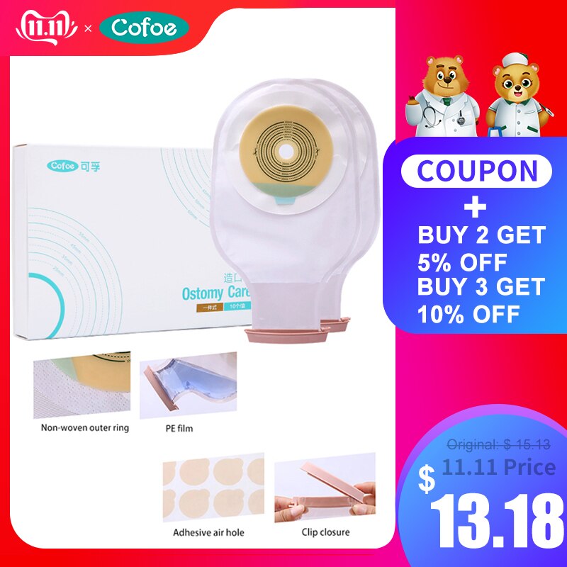 Cofoe One-piece System Ostomy Bags Disposable Colostomy Pouch Ileostomy bag 10 PCS Opening Drainable Pouch Stoma Ostomy